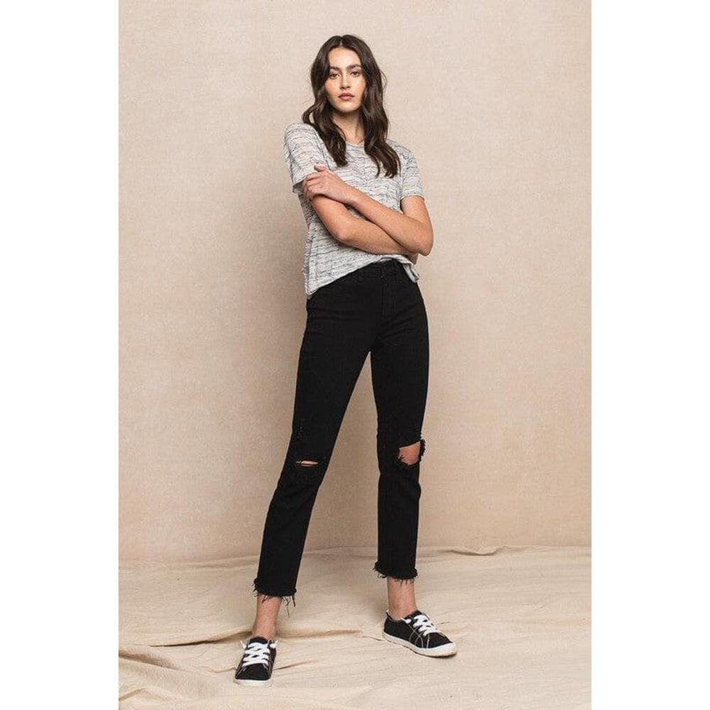 Straight Leg High Rise Distressed Raw Hem Jeans